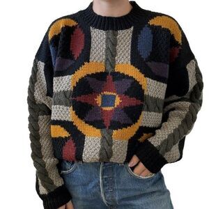 Vintage 1990s Hand Knit 100% Wool Geometric Oversized Chunky Crewneck Sweater
